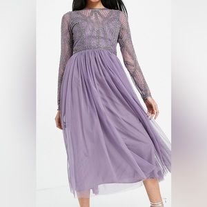 Embellished bodice midi dress with tulle skirt